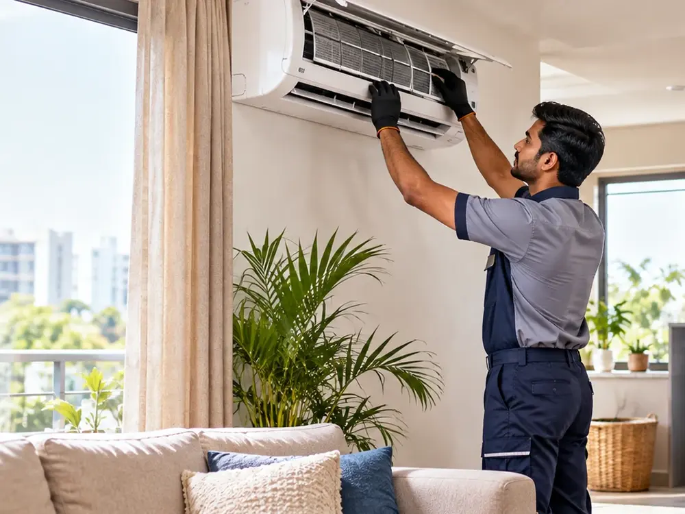 Technician servicing a split air conditioner