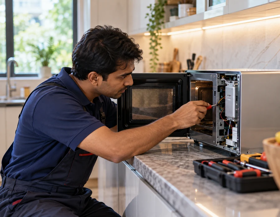 Technician repairing a microwave oven