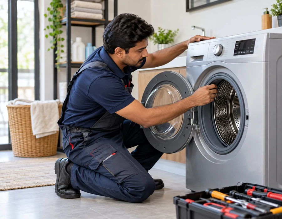Technician repairing a front load washing machine